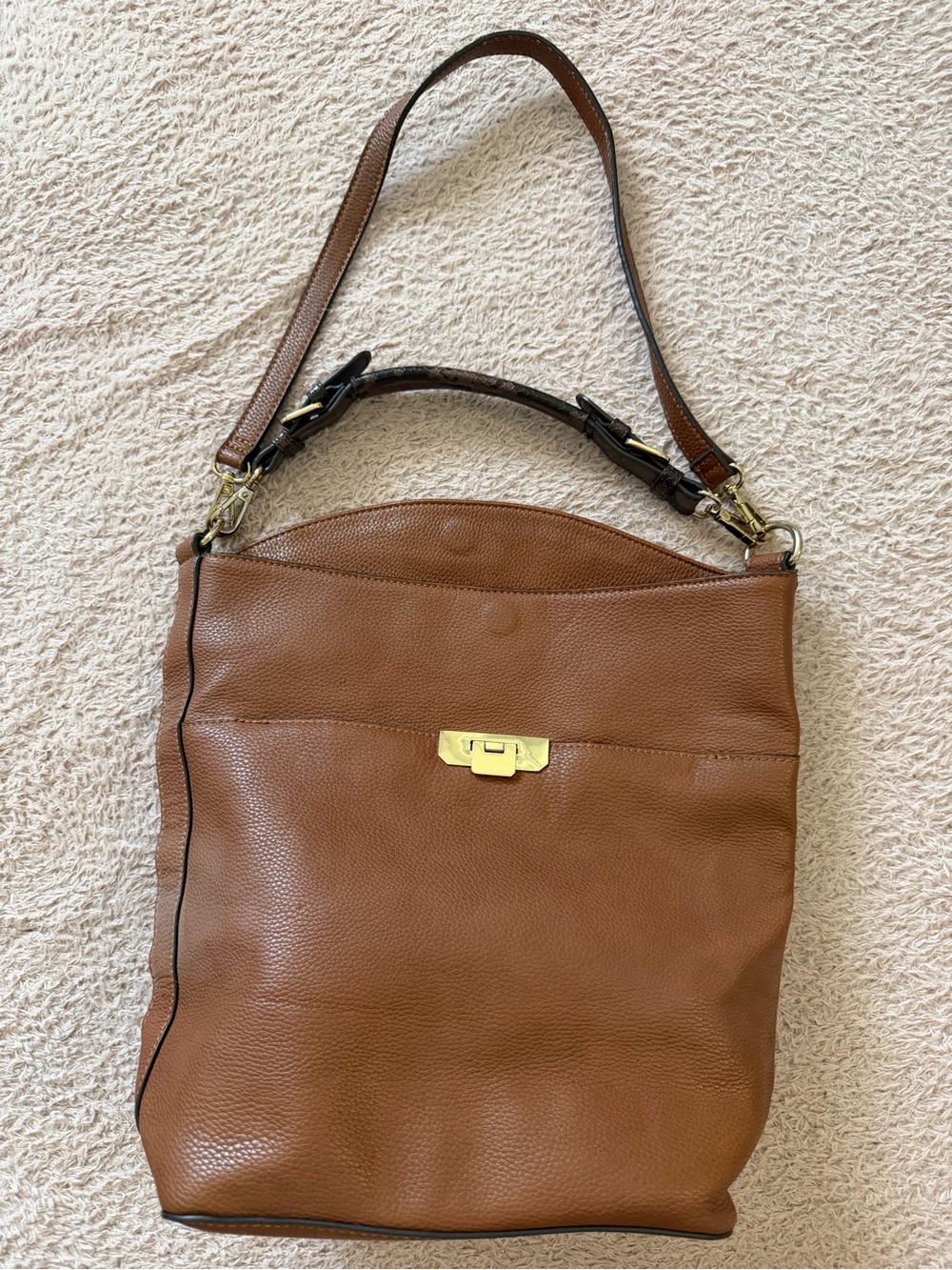 Mango Cognac Brown Leather Shoulder Bag with Gold Hardware